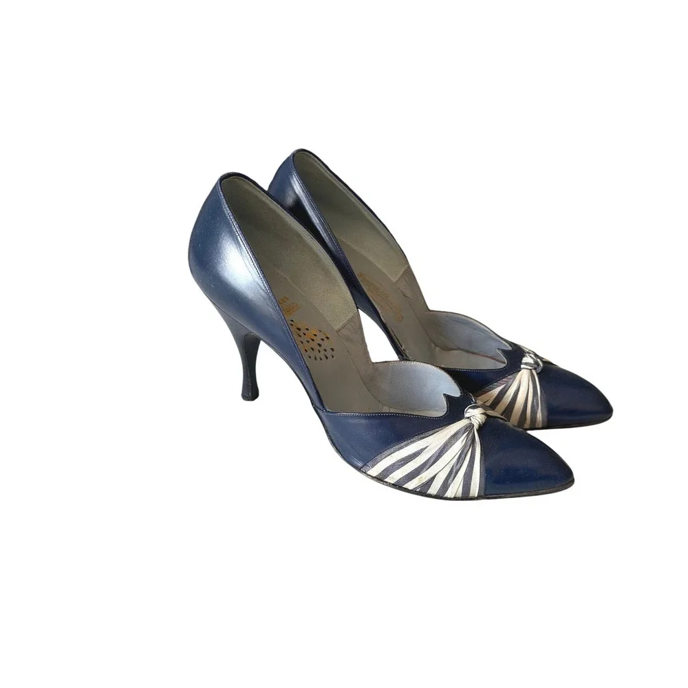 Vintage 40s 50s Peacock Shoes Blue Leather Striped Knot Pointed Toe Pumps Heels